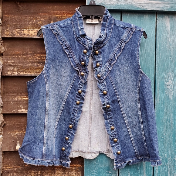 Monroe & Main Jackets & Blazers - Womens Cotton Denim Jean Vest Ruffles Band Military Open Front M Boho Trucker